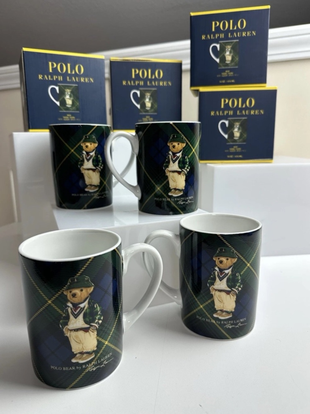 Ralph Lauren Highmoore Plaid Polo Bear Porcelain Coffee Mug 14oz. NIB Set Of 4